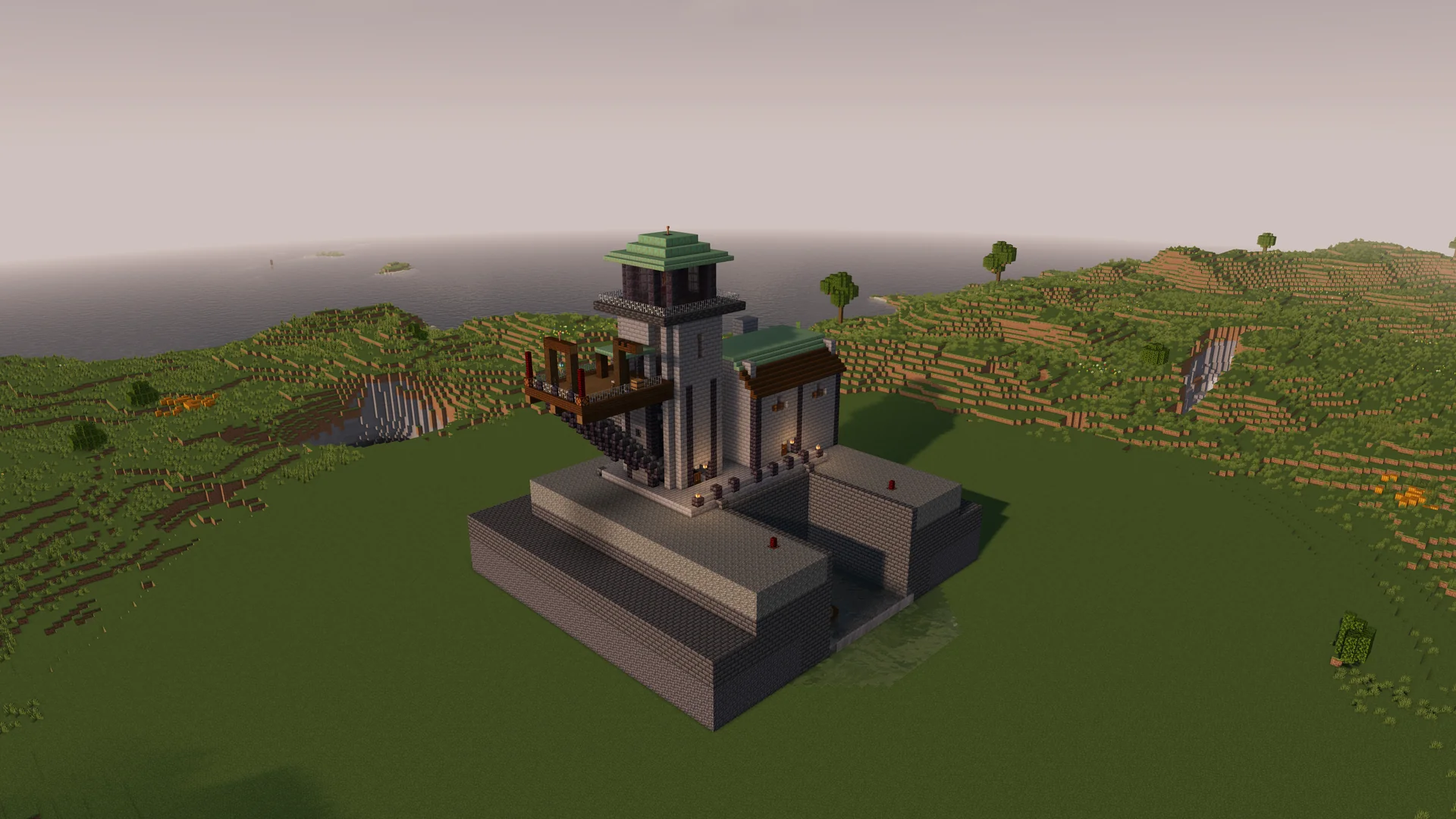 Minecraft storm-harbor lighthouse and airship mooring from the schematic showcase.